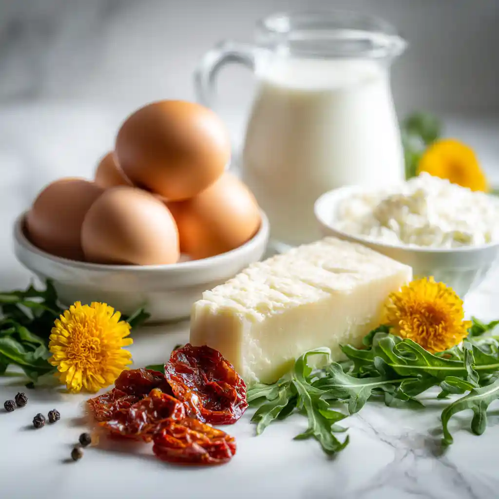 Ingrédients pour quiche pâte feuilletée - pâte feuilletée, œufs, crème, jambon, emmental, tomates confites, roquette arrangés sur plan de travail