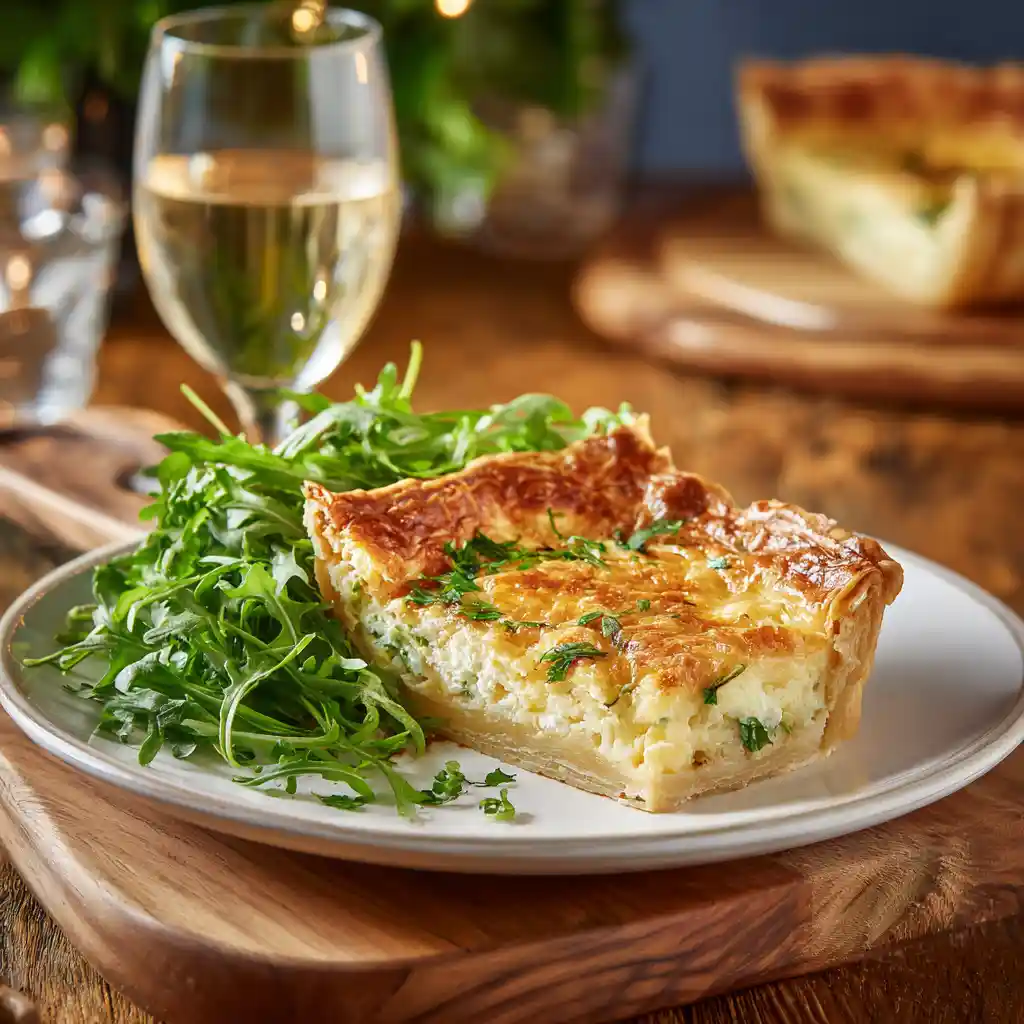 Quiche pâte feuilletée coupée en part généreuse, servie avec salade de roquette fraîche et verre de vin blanc