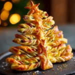 Recette sapin de noel feuilleté cuit au four, branches torsadées dorées, garnie de pesto maison et pancetta crispy, sapin feuillete noel impressionnant