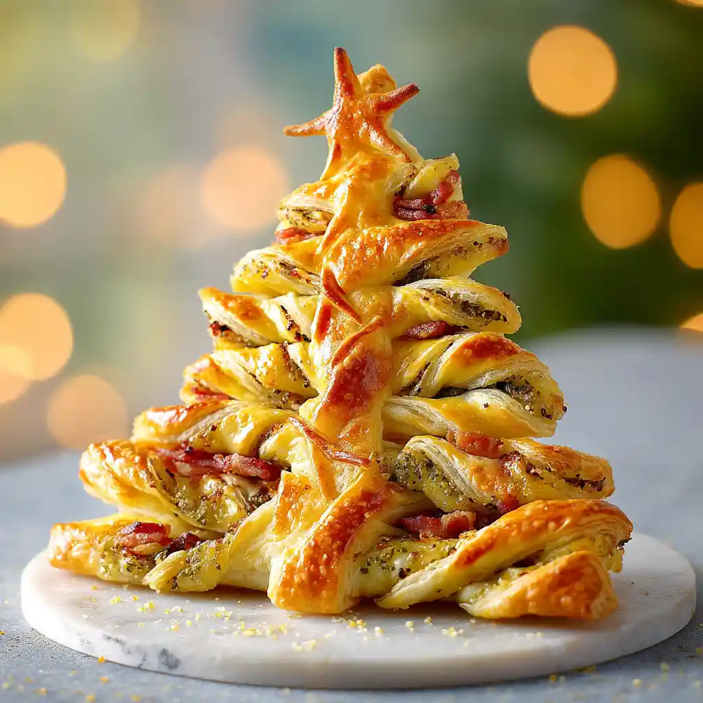 Sapin feuilleté Noël doré et croustillant garnit de pesto et pancetta, présenté sur une planche de bois rustique