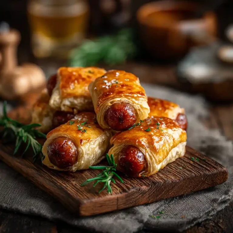 Saucisses cocktail en feuilleté dorées et croustillantes disposées sur plateau rustique, recette facile du Chef Benoît Lambert