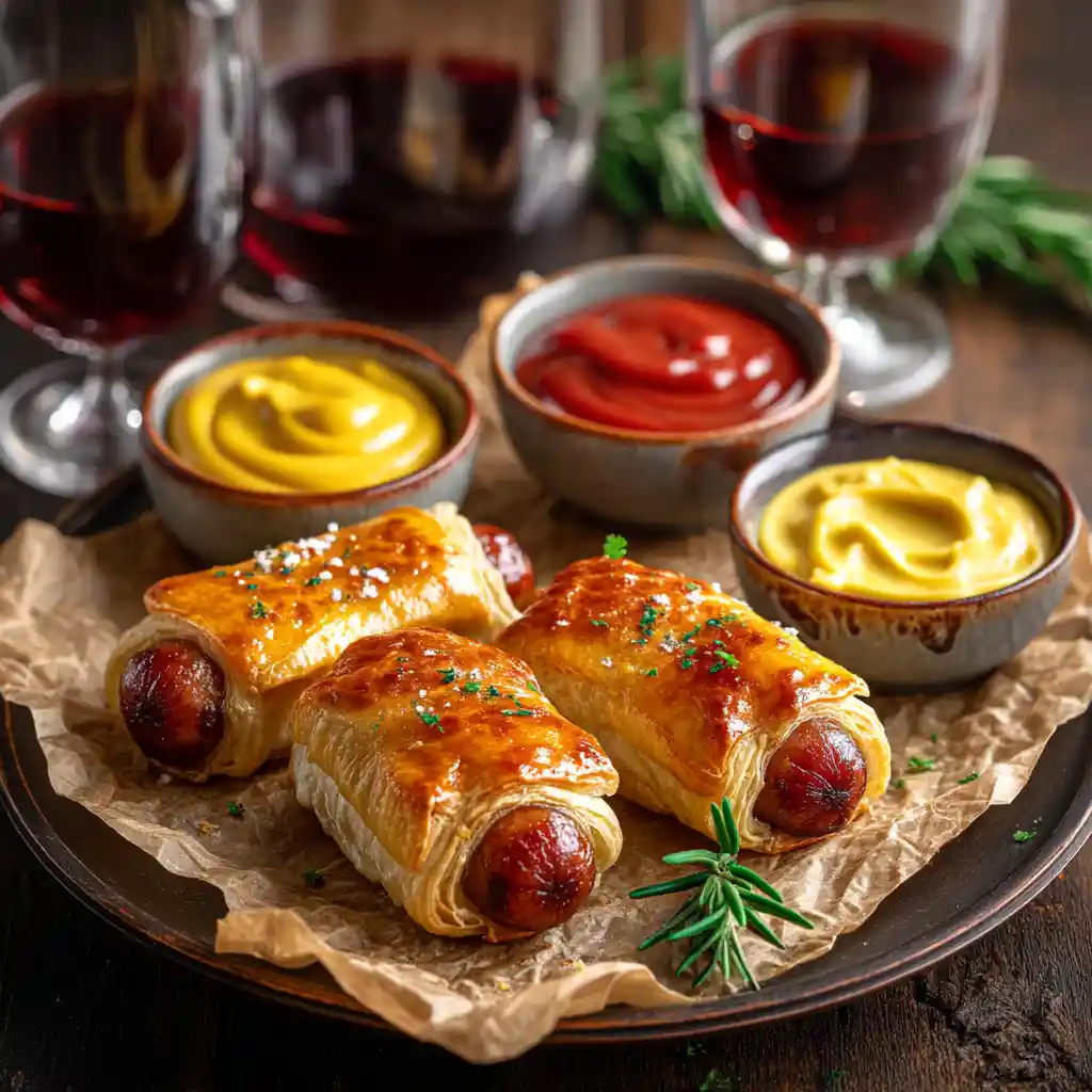 Plateau apéritif avec saucisses cocktail en feuilleté servis chauds accompagnés de moutarde à l'ancienne, recette Chef Benoît