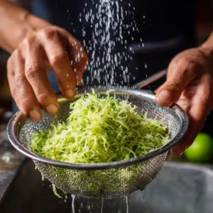 Étape cruciale : concombre râpé en train de dégorger dans une passoire pour le tzatziki