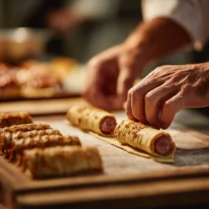 Technique de roulage pour saucisses cocktail en feuilleté : enrouler la pâte beurrée de moutarde autour de la saucisse en diagonale