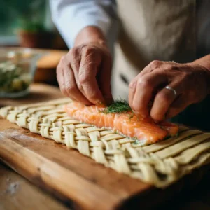 Mains du chef tressant la pâte feuilletée autour de la garniture saumon et chèvre, technique de préparation du feuilleté