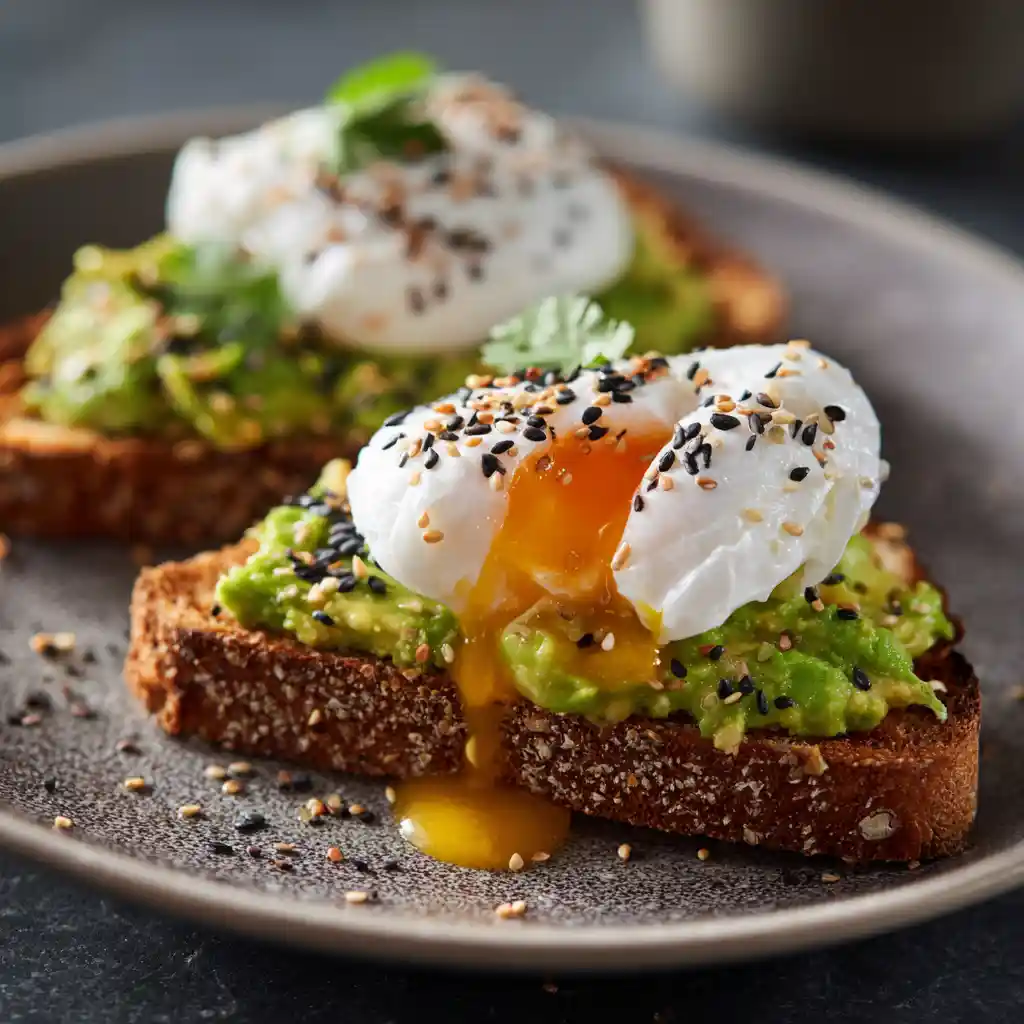 Toast apéritif avocat écrasé avec œuf poché coulant