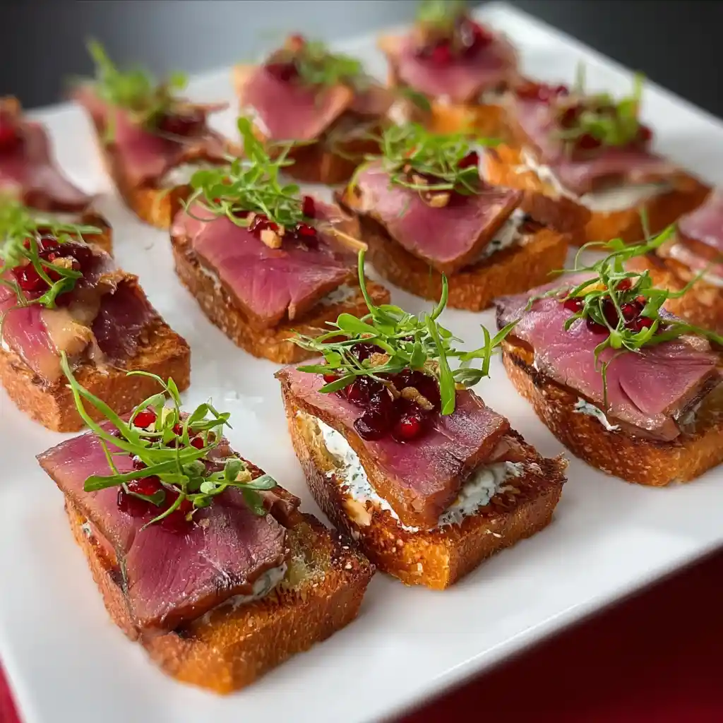 Toast apéritif au magret de canard fumé avec compote de figues sur pain grillé