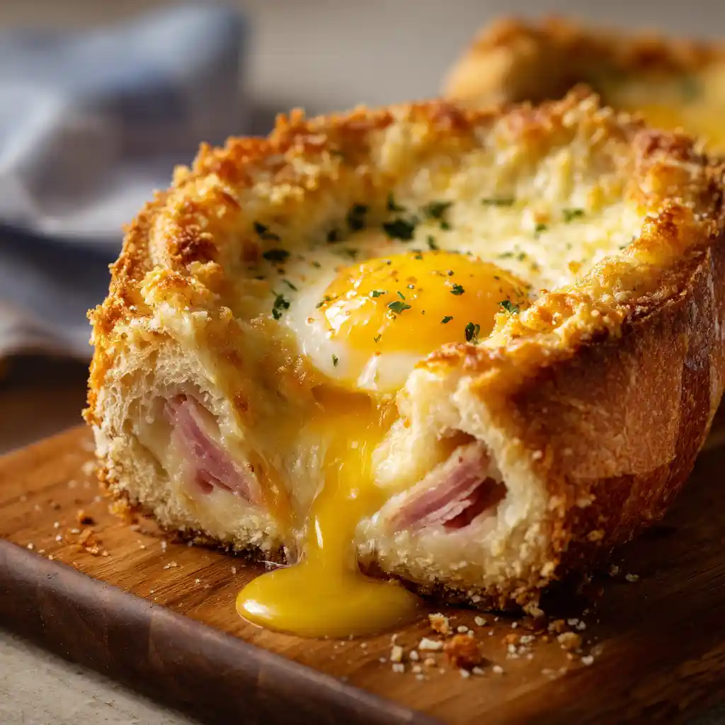 Toast apéritif egg boat au jambon avec œuf coulant et gruyère gratiné