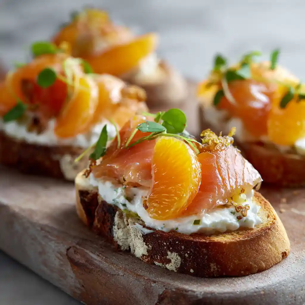 Toast apéritif à la truite fumée avec ricotta et suprêmes de mandarine