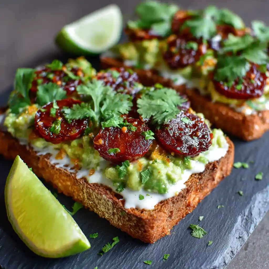 Toasts apéritifs avocat et chorizo épicé avec citron