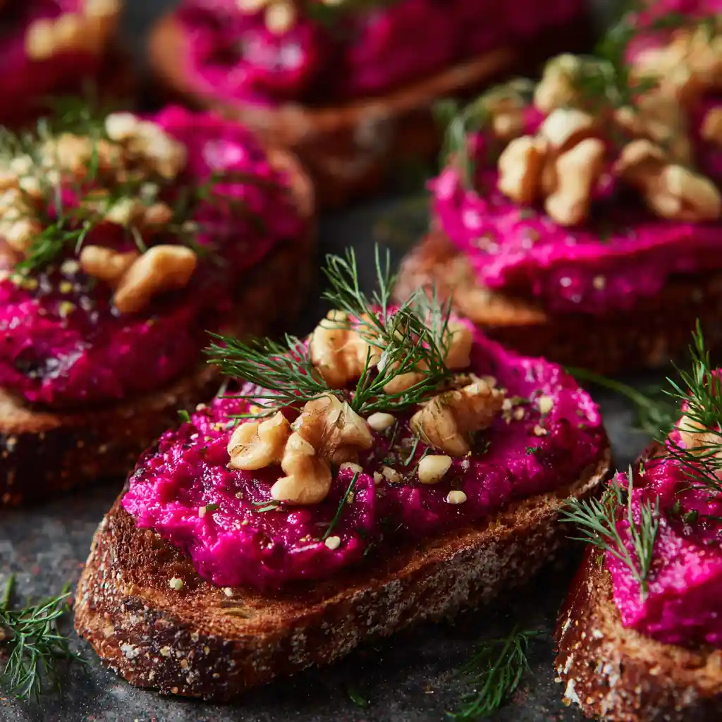 Toasts apéritifs à la betterave rose fuchsia avec noix croquantes et aneth