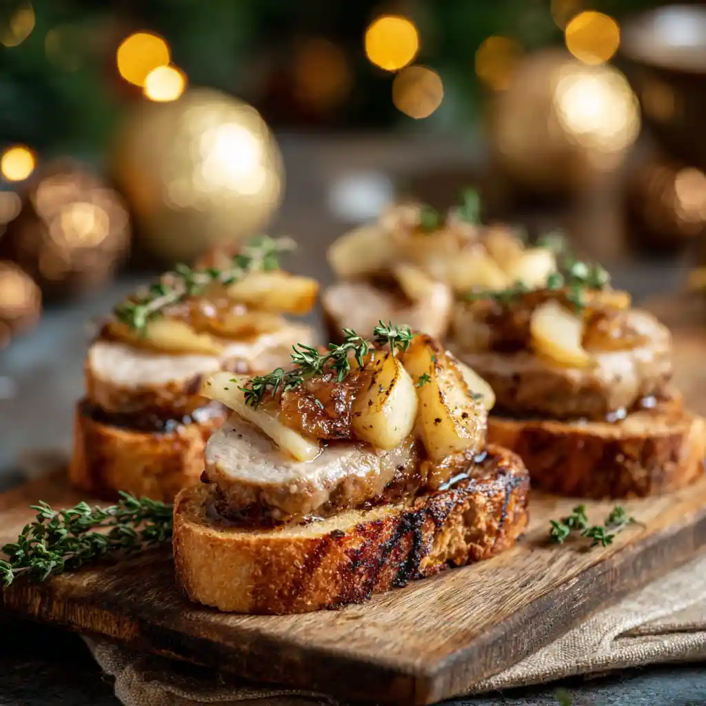 Toasts apéritifs de Noël au boudin blanc et pommes caramélisées