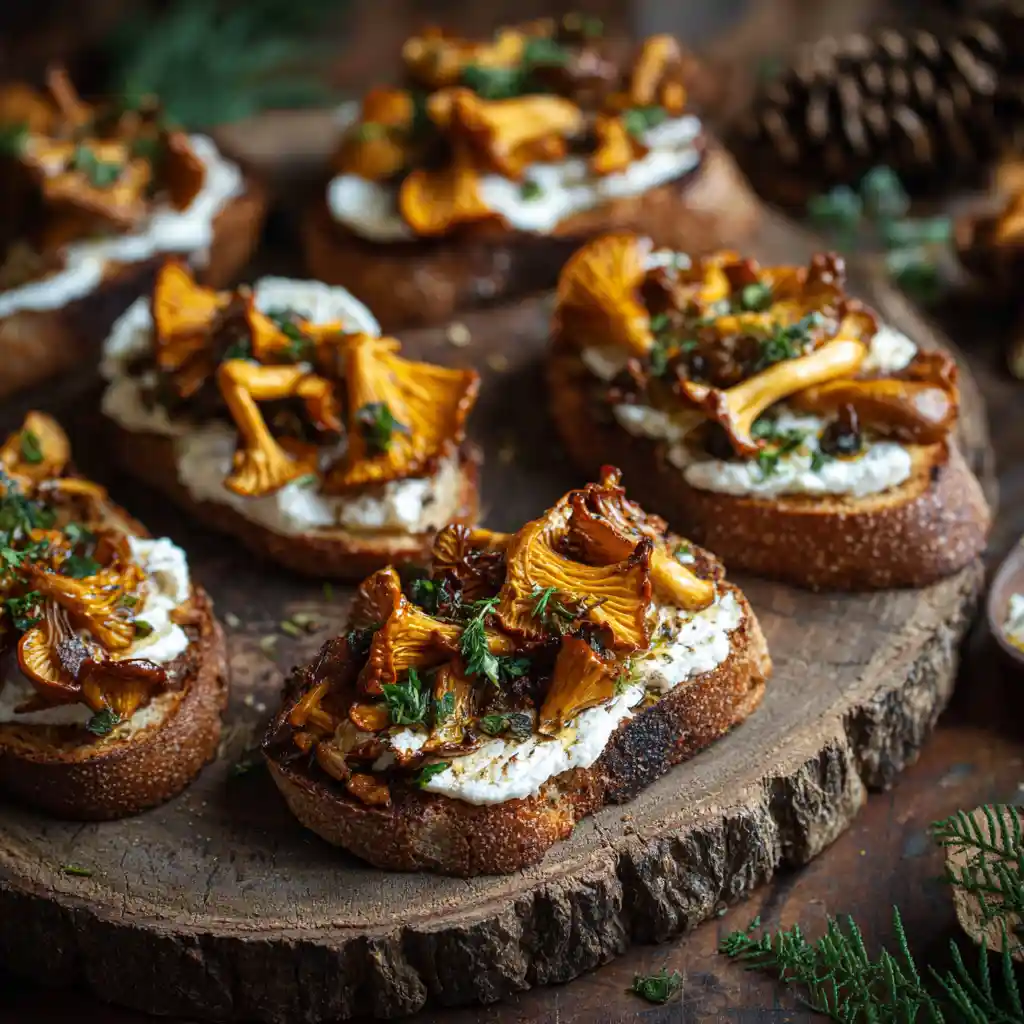 Toasts apéritifs aux champignons sauvages et chèvre crémeux