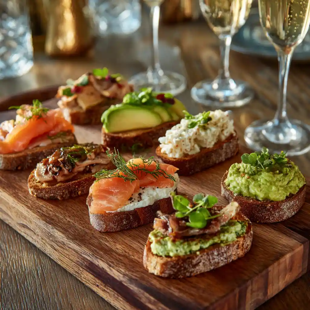 Assortiment de toasts apéritifs variés présentés sur une planche en bois par le Chef Benoît Lambert