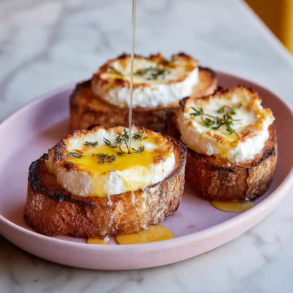 Toasts apéritifs au chèvre chaud gratinés avec miel et herbes fraîches