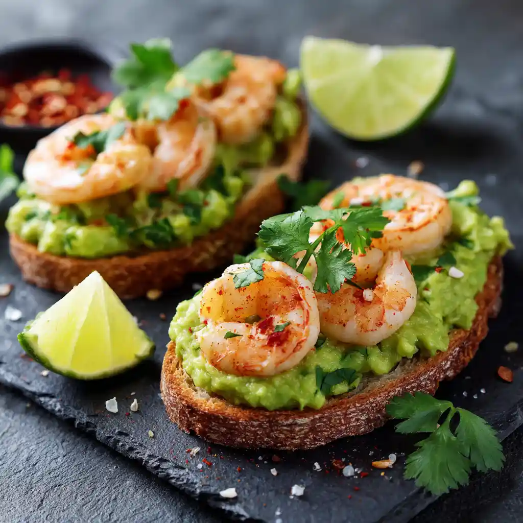 Toasts apéritifs aux crevettes avec guacamole maison et coriandre