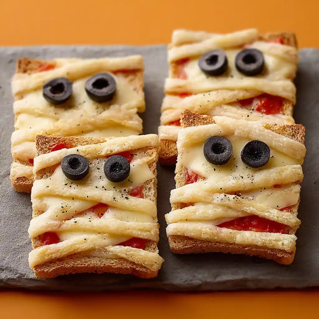 Toasts apéritifs d'Halloween en forme de momies au fromage fondant