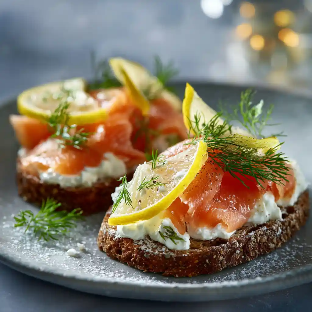 Toasts apéritifs au saumon fumé avec crème citronnée et aneth frais