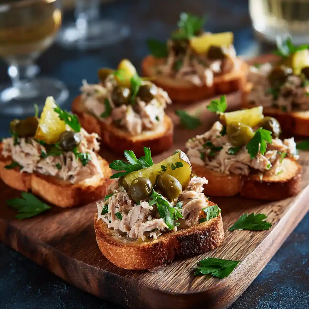 Toasts apéritifs au thon économiques avec câpres et cornichons