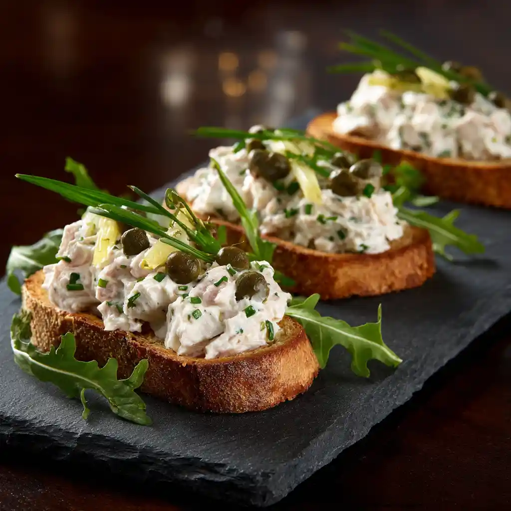 Toasts apéritifs au thon avec mayonnaise maison et câpres