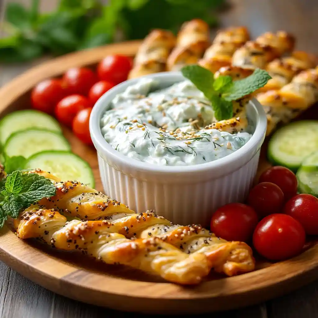 Service du tzatziki et gressins feuilletés sur plateau d'apéritif avec huile d'olive et menthe fraîche