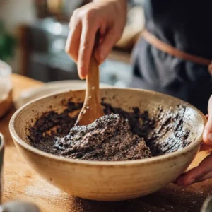 préparation de la pâte de garniture avec anchois et olives dans un bol mixeur