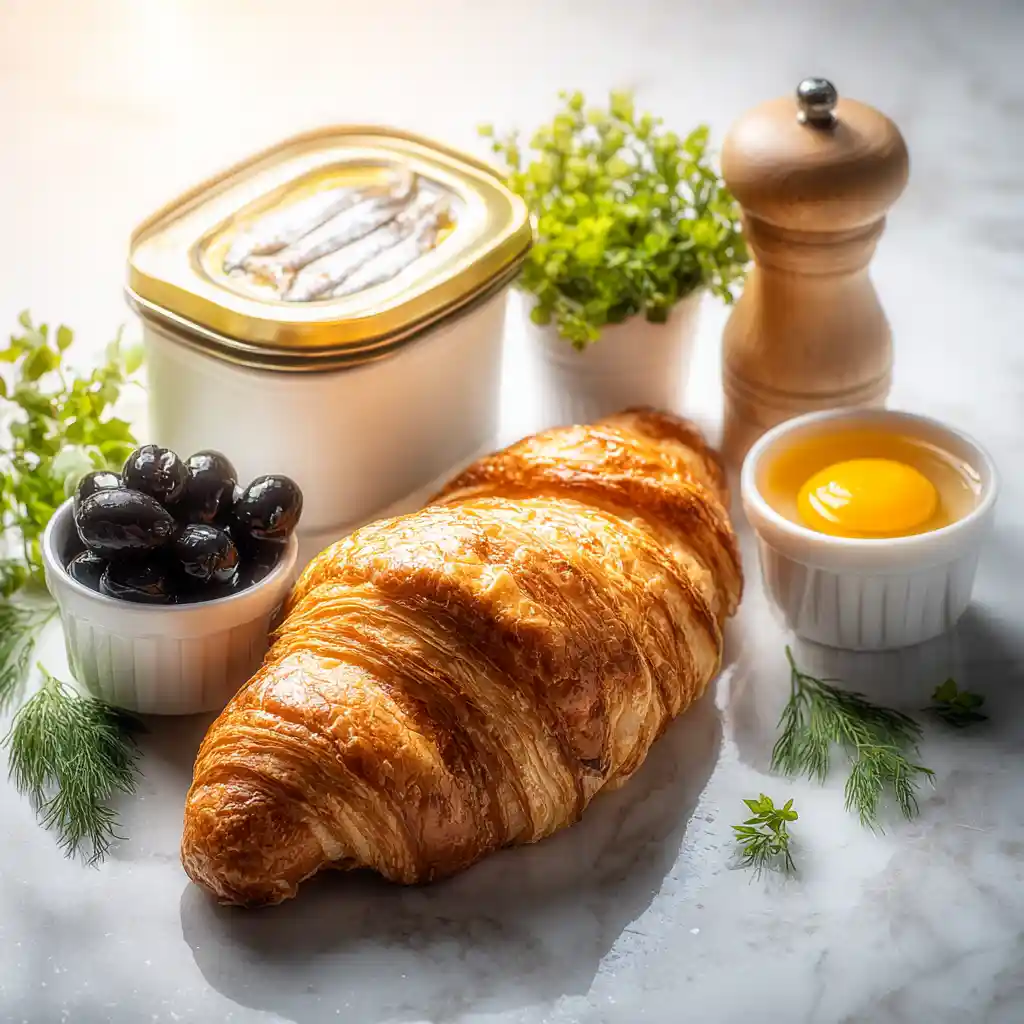 Ingrédients pour croissant apéro : pâte feuilletée, anchois, olives noires dénoyautées, jaune d'œuf et poivre