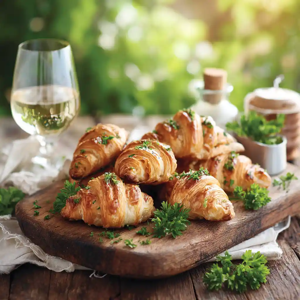 Croissants apéro servis sur une planche en bois avec persil frais, présentation élégante pour apéritif dînatoire