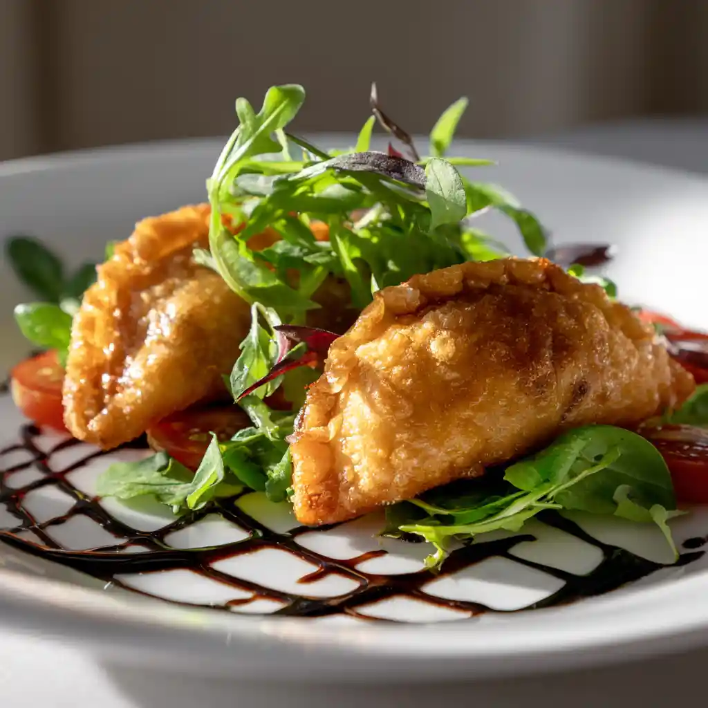 Portion d'empanadillas au fromage de chèvre avec salade de mâche et vinaigrette balsamique - recette apéritif Mediterranean