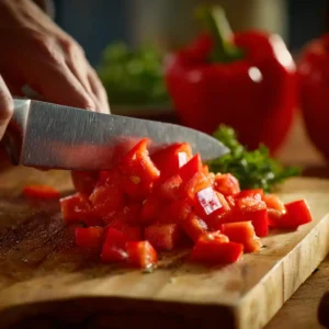 Étape 1 de la recette empanadillas : couper les poivrons rouges et l'oignon en dés sur planche à découper