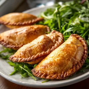 Empanadillas feuilletées dorées au fromage de chèvre, servies avec salade de mâche fraîche
