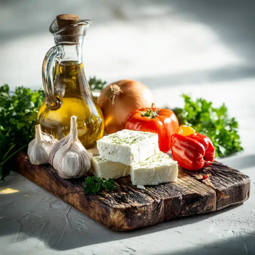 Ingrédients pour empanadillas : pâte feuilletée, fromage de chèvre sec, poivrons rouges, oignon, ail et huile d'olive sur plan de travail