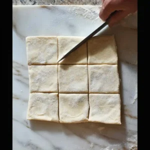 la recette bouchées apéritives - Découpage des feuilles de brick en 8 carrés égaux avec couteau