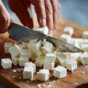 Étape 1: découpe de la feta en petits dés réguliers pour les feuilletés à la feta