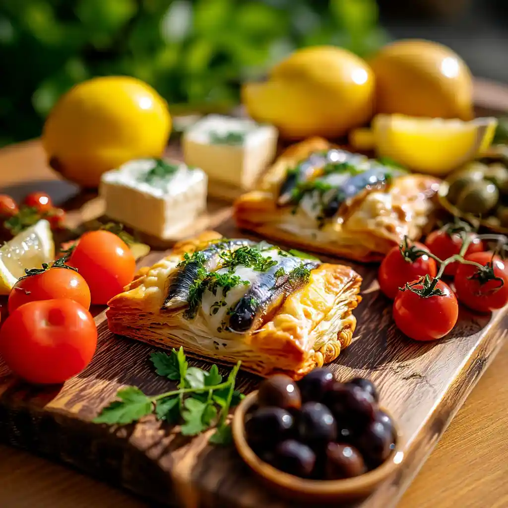 Plateau d'apéritif avec feuilletés aux anchois servis aux côtés d'olives niçoises, tomates cerises et fromage frais