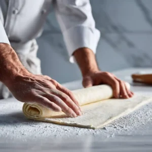 Étape 1 : Pâte feuilletée déroulée et préparée sur plan de travail fariné, prête à être découpée