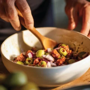 Étape 1 feuilleté apéro chorizo : mélange du chorizo, olives et oignon dans un saladier blanc