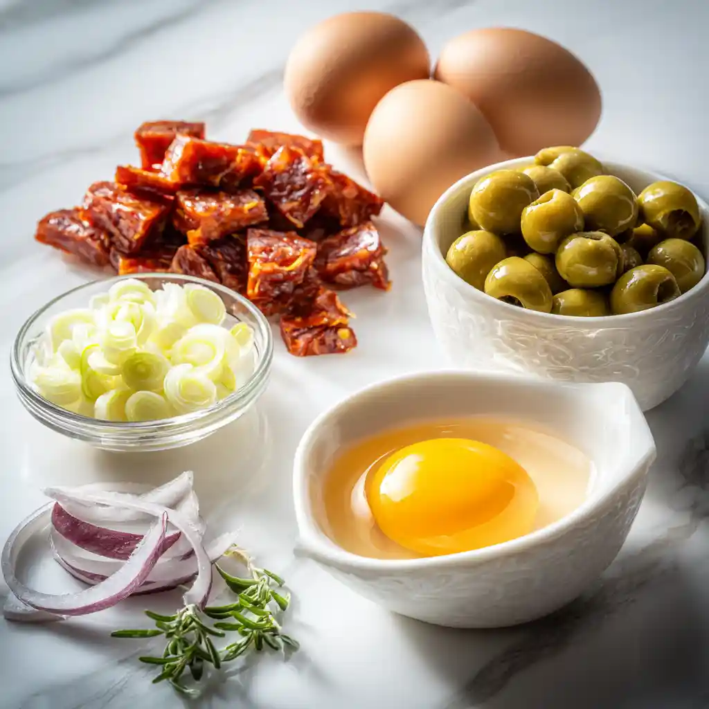 Ingrédients préparés pour feuilleté apéro chorizo : chorizo doux en dés, olives vertes, oignon rouge, pâte feuilletée