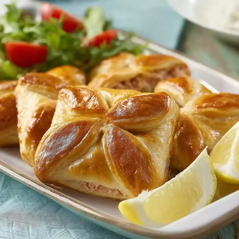 Feuilletés au thon dorés et croustillants, posés sur une assiette blanche avec citron frais et salade verte
