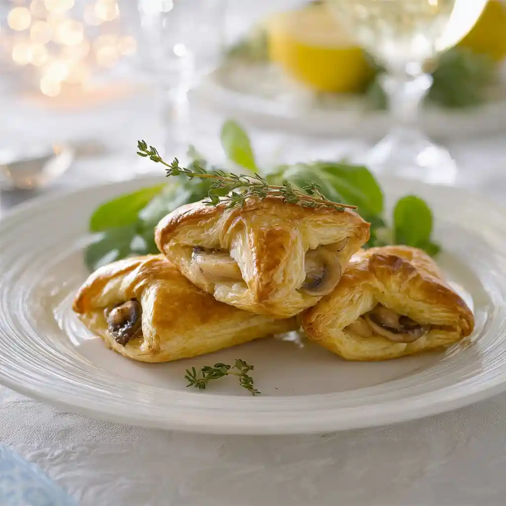 Feuilletés aux champignons dorés sortant du four avec garniture crémeuse aux noix de Saint-Jacques fraîches