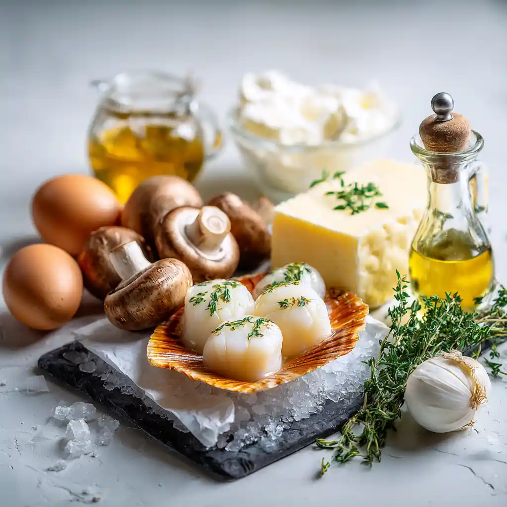 Ingrédients frais pour la recette des feuilletés aux champignons : champignons, Saint-Jacques, œuf, crème, beurre, thym et huile d'olive