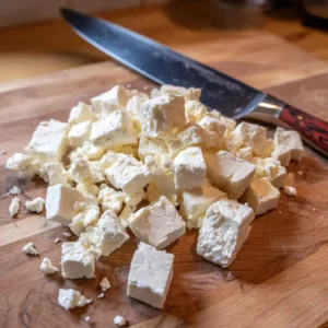 Étape 2 du feuilleté chèvre miel : couper le fromage chèvre en petits dés de la taille d'une noisette avec un couteau de cuisine
