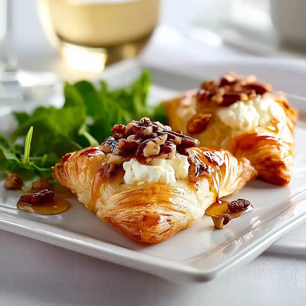 Feuilleté chèvre miel servi tiède avec salade verte légère et verre de vin blanc