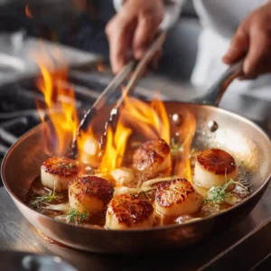 Étape de cuisson du feuilleté de saint jacques: flambé au cognac avec saint jacques en poêle, flammes dramatiques visibles