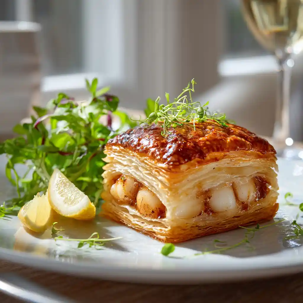 Feuilleté de saint jacques doré et croustillant sortant du four, apéritif méditerranéen élégant