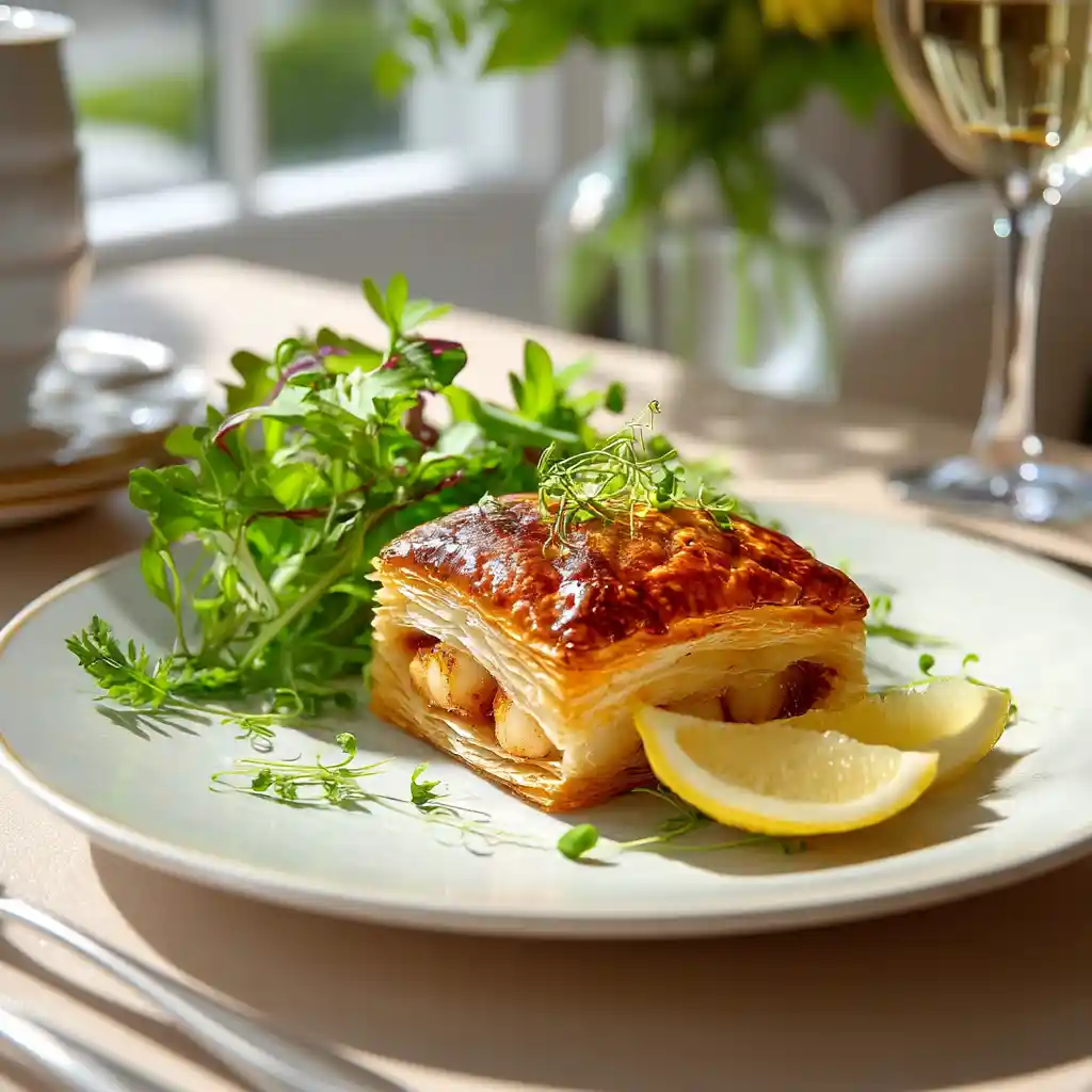 Feuilleté de saint jacques présenté sur assiette blanche avec salade de roquette et citron frais