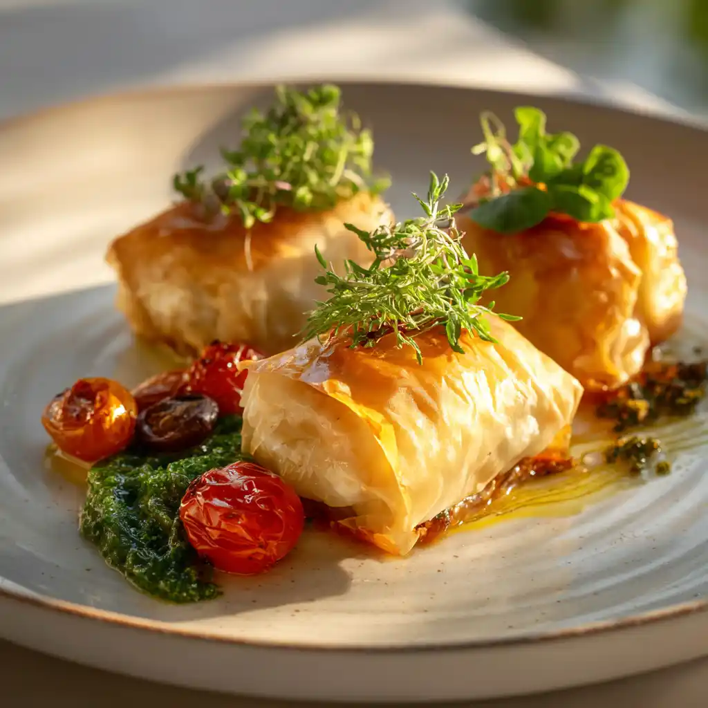 Feuilletés à la feta servis sur assiette blanche avec herbes fraîches, prêts à déguster