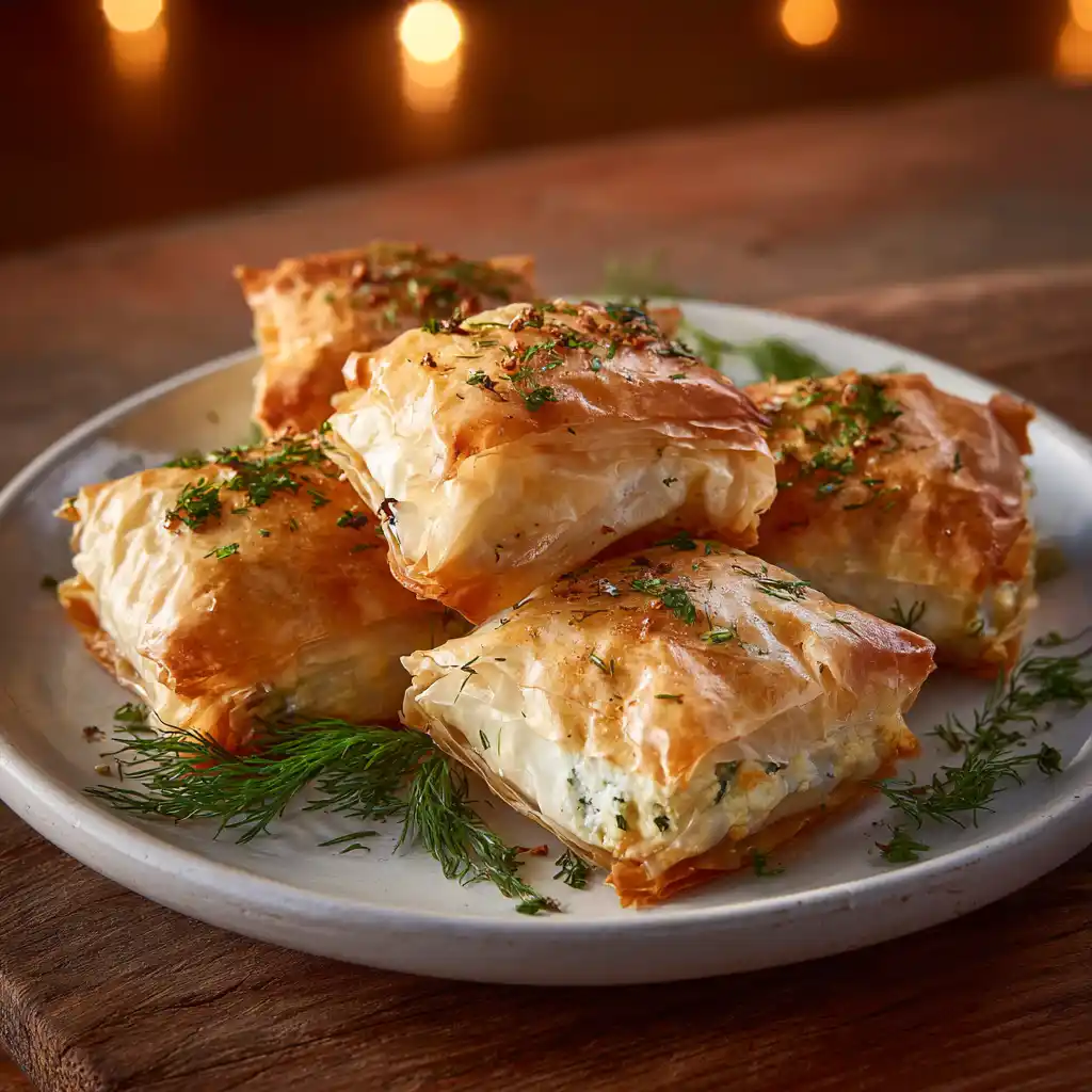 Feuilletés à la feta croustillants dorés avec herbes fraîches, recette méditerranéenne authentique du Chef Benoît Lambert