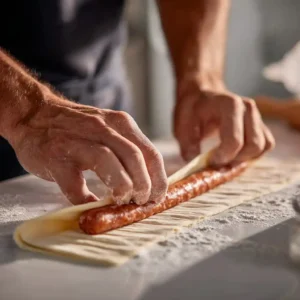 feuilteté knacki - enroulement pâte feuilletée autour saucisse technique