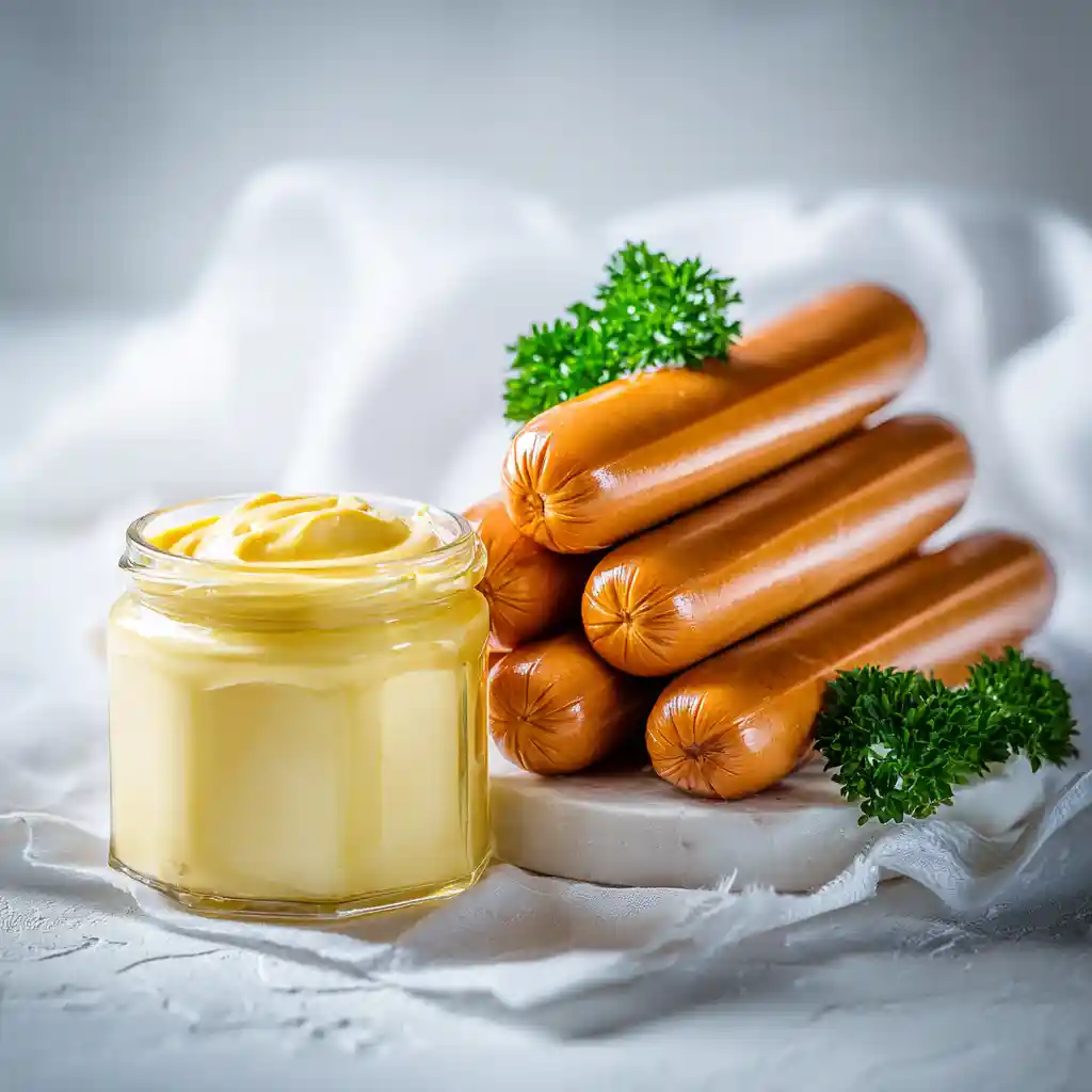 Ingrédients feuilteté knacki - pâte feuilletée, saucisse, jaune œuf, moutarde